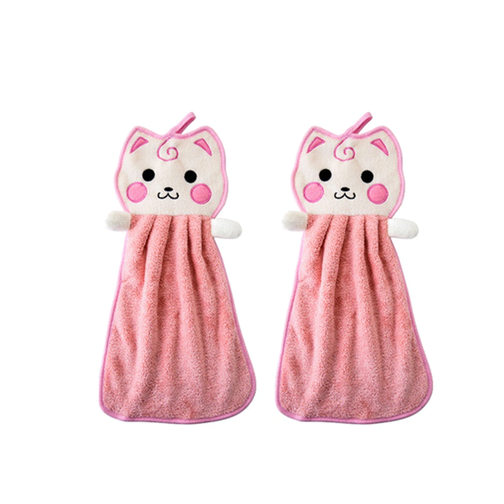 2pcs Hanging Cat Absorbent Towels Cartoon Cleaning Cloth Washing Dishcloth for Kitchen (Pink)