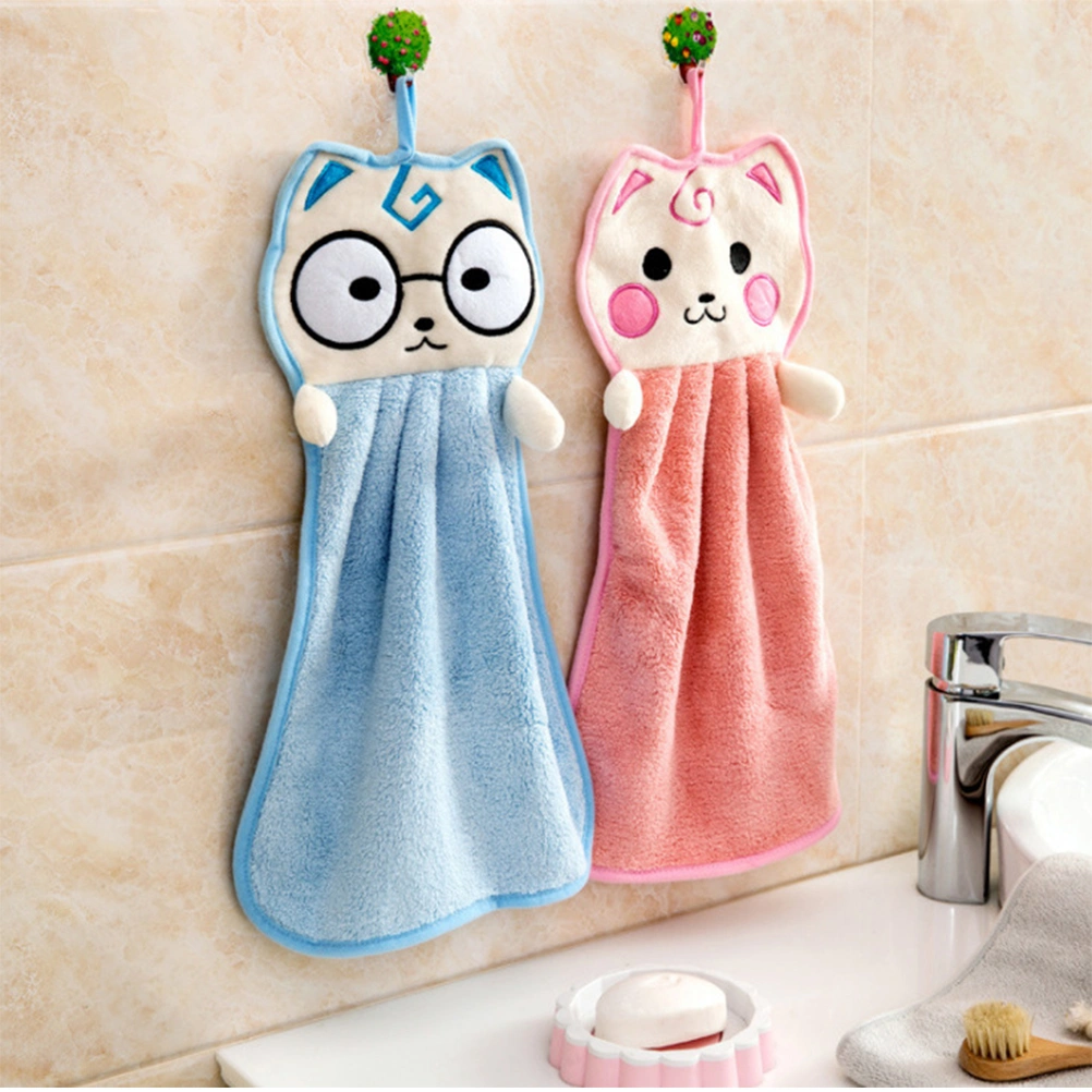 2pcs Hanging Cat Absorbent Towels Cartoon Cleaning Cloth Washing Dishcloth for Kitchen (Pink)