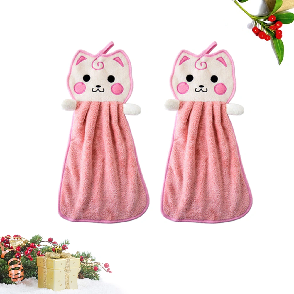 2pcs Hanging Cat Absorbent Towels Cartoon Cleaning Cloth Washing Dishcloth for Kitchen (Pink)