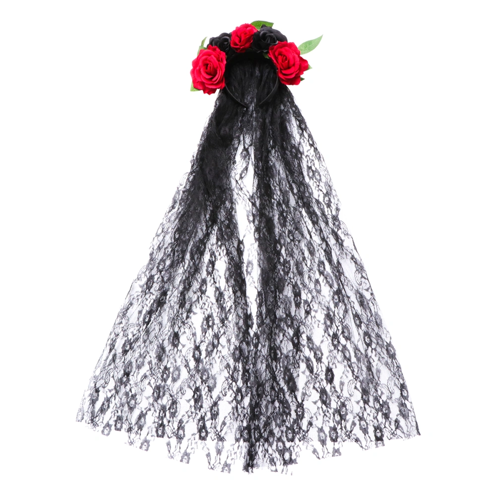 1PC Halloween Flower Hair Band Bride Long Lace Veil Headdress for Women (Black)