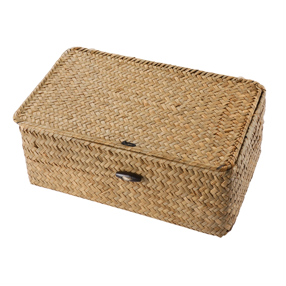 Vosarea New Seaweed With Button Woven Basket Straw Woven Debris Desktop Storage Box Hand-woven Storage Basket - Size M