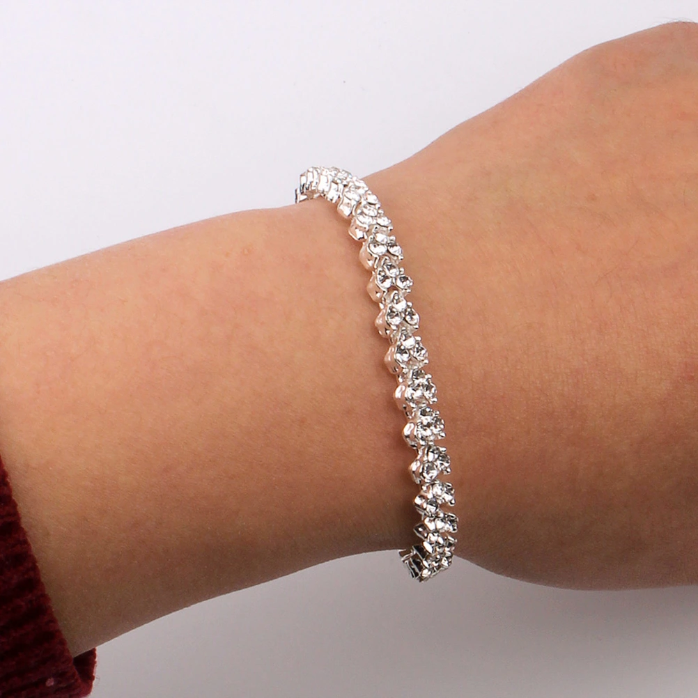 Rhinestone Bracelet Crystal Diamond Bracelet Zircon Bracelet for Women Bride Girls (Silver)