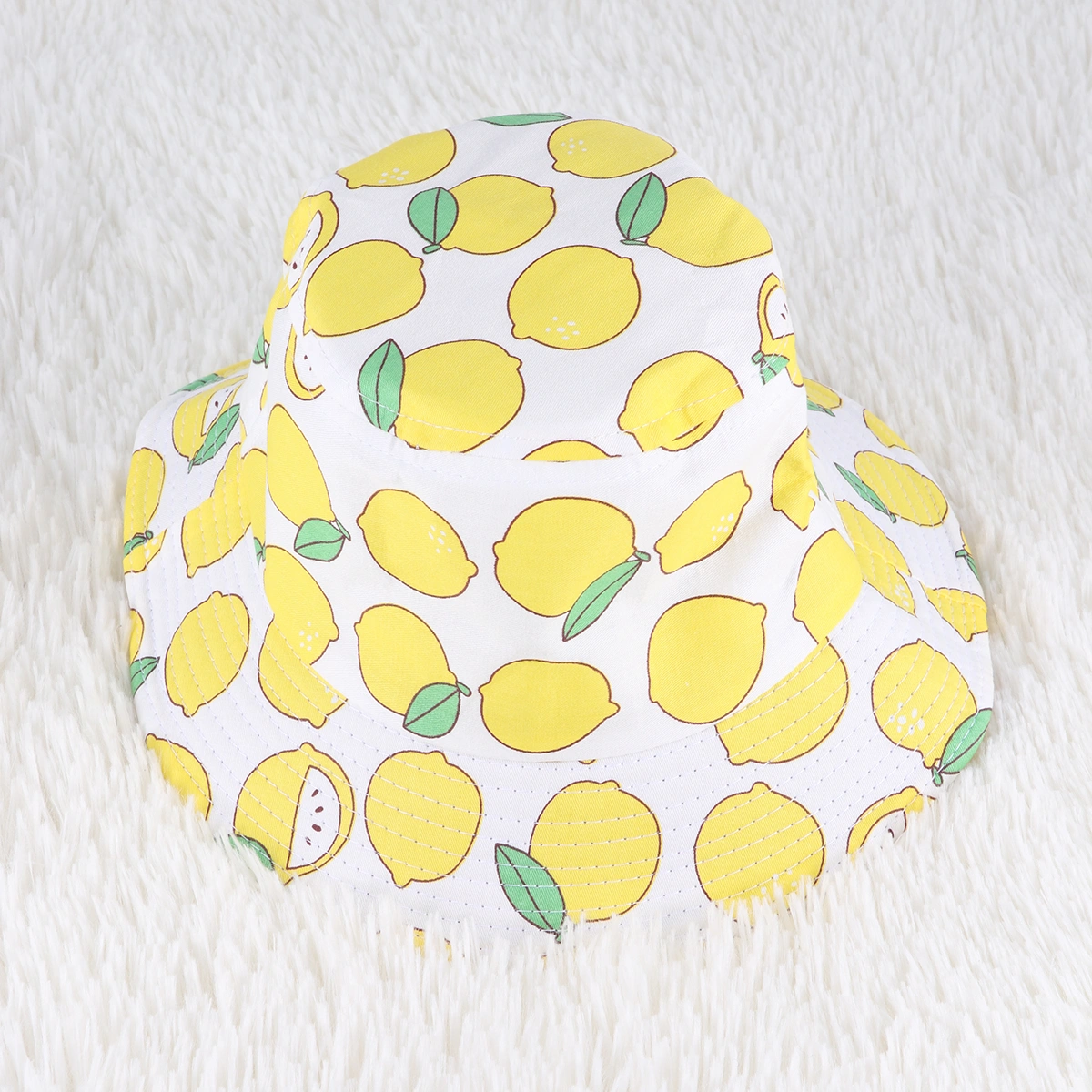 Summer Beach Foldable Sun Hat Outdoor Sun Protection Simple Style Casual Hat for Little Girls (White, Lemon Pattern)