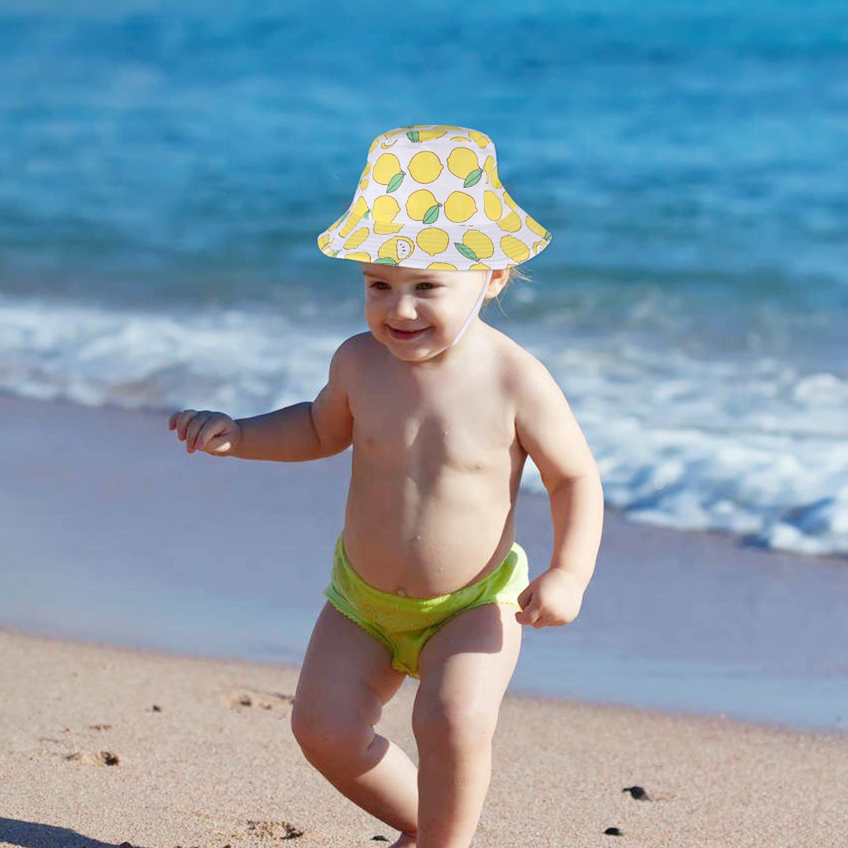 Summer Beach Foldable Sun Hat Outdoor Sun Protection Simple Style Casual Hat for Little Girls (White, Lemon Pattern)