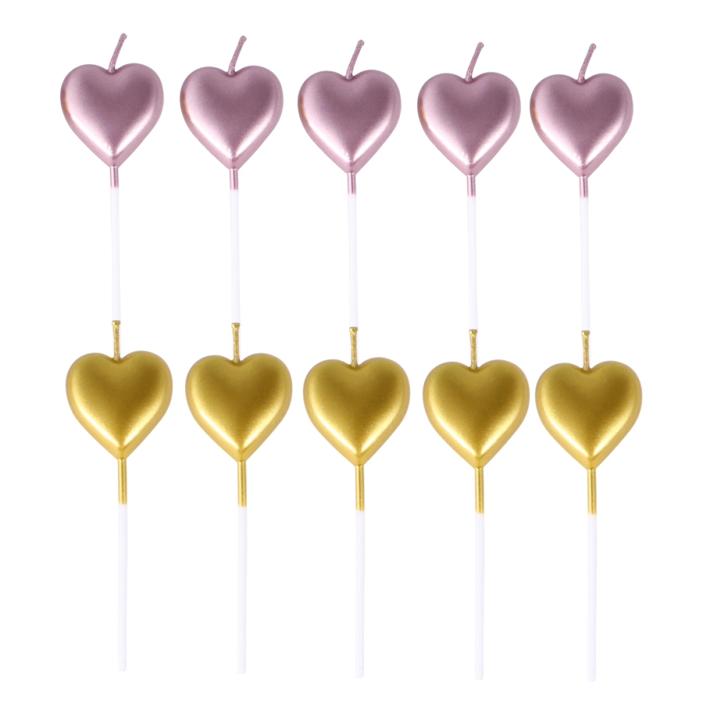 10pcs Romantic Love Heart Shape Cake Insert Candle Wedding Birthday Party Cake Candles Sweet Desktop Decoration Valentines Day Celebrations Gift Proposal Props for Cake (5pcs Gold and 5pcs Pink)