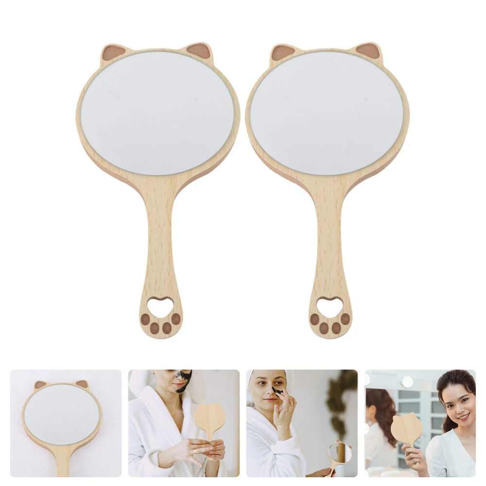 2PCS Handheld Mirrors Lovely Wooden Makeup Mirrors Cat Ears Shaped Mirrors