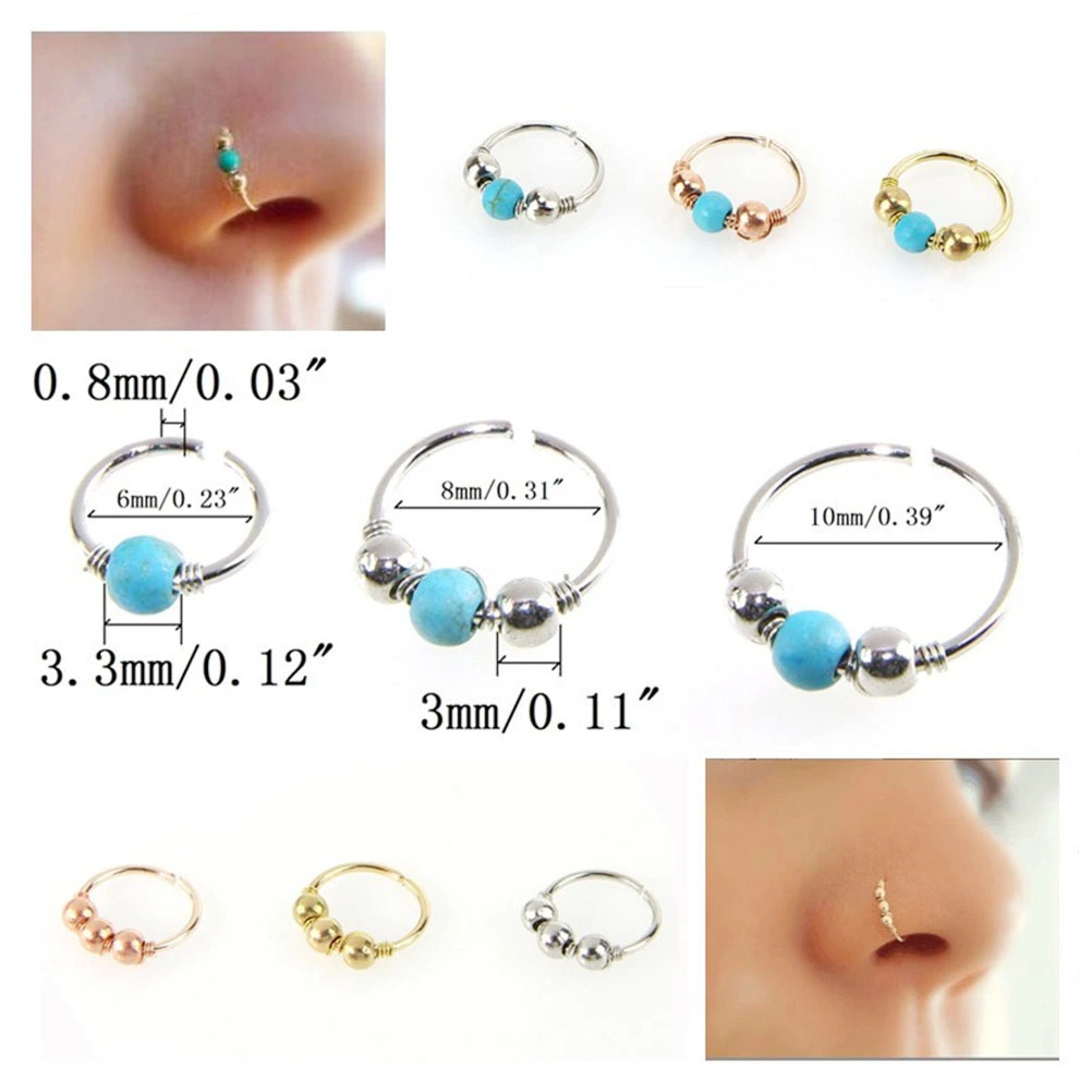 3pcs Nose Ring Nose Bead Studs Nostril Nose Earring Piercing Jewelry 6mm 8mm 10mm (Gold Bead & Turquoise)