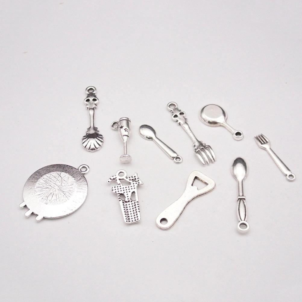 50PCS/5Set DIY Use Zinc Alloy Pendant Accessories Kitchen Tableware Shape Decorative Pendant(Silver)