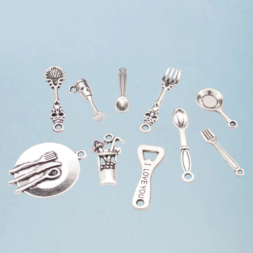 50PCS/5Set DIY Use Zinc Alloy Pendant Accessories Kitchen Tableware Shape Decorative Pendant(Silver)