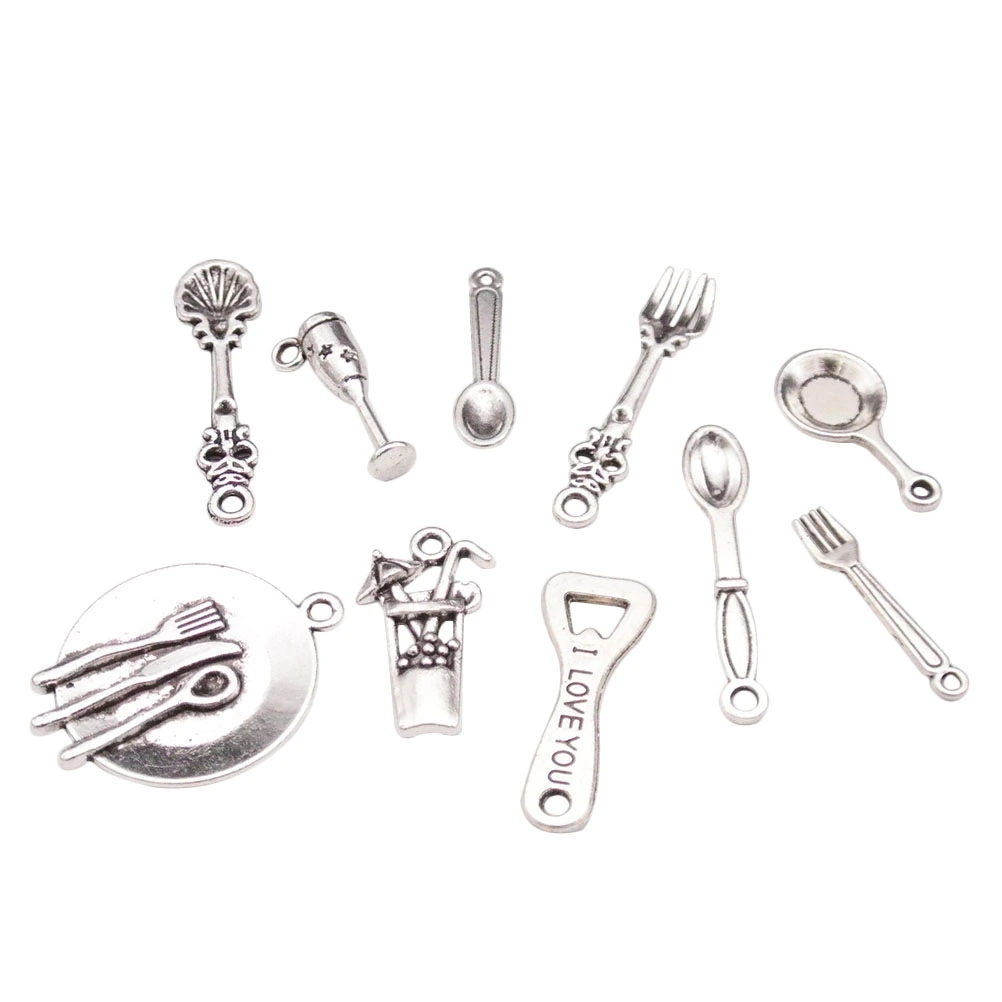 50PCS/5Set DIY Use Zinc Alloy Pendant Accessories Kitchen Tableware Shape Decorative Pendant(Silver)