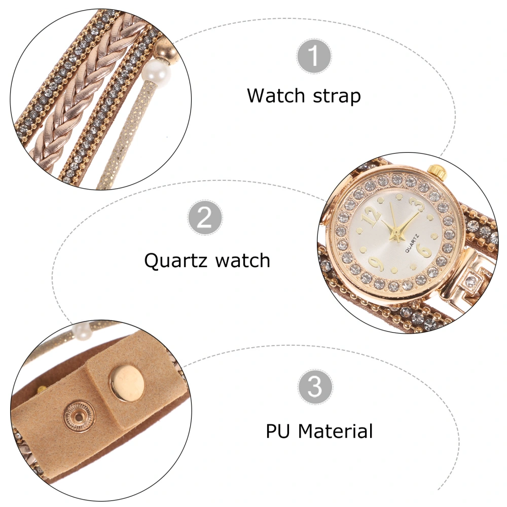 Women Weave Watch Fashion Personality Bracelet Diamond-studded Pearl Multi-layer Watch (Beige)