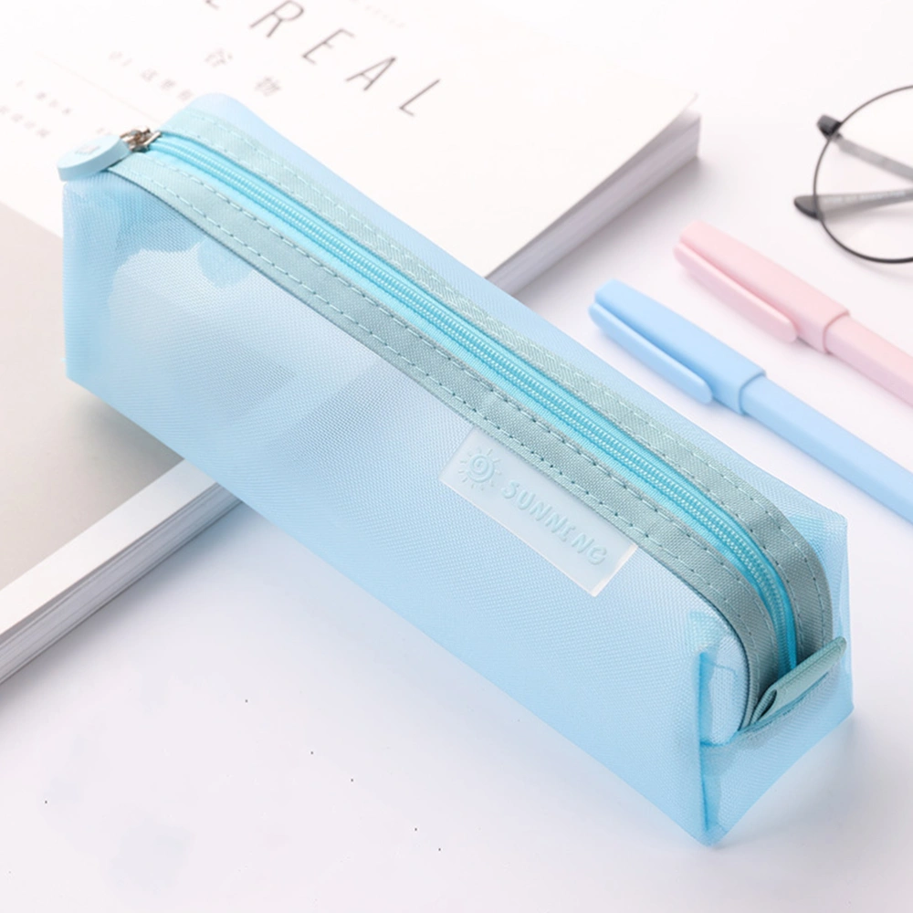 Transparent Pencil Case Mesh Pen Holder Professional Pen Bag Practical Pen Container Sky-Blue