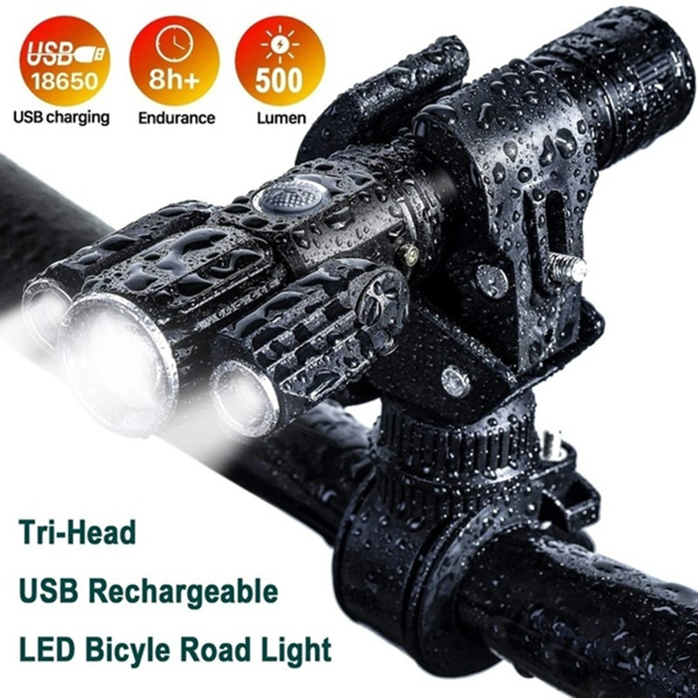 T6 L2LED Aluminum Alloy Multifunction Three Lamp Head Aircraft Shape Flashlight Waterproof Light Front Lights with USB Cable Black (No Battery)