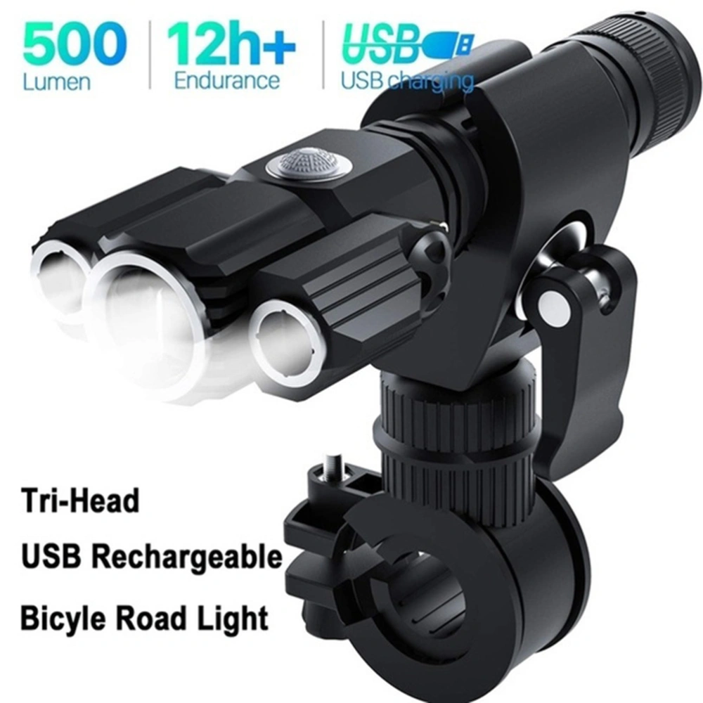 T6 L2LED Aluminum Alloy Multifunction Three Lamp Head Aircraft Shape Flashlight Waterproof Light Front Lights with USB Cable Black (No Battery)