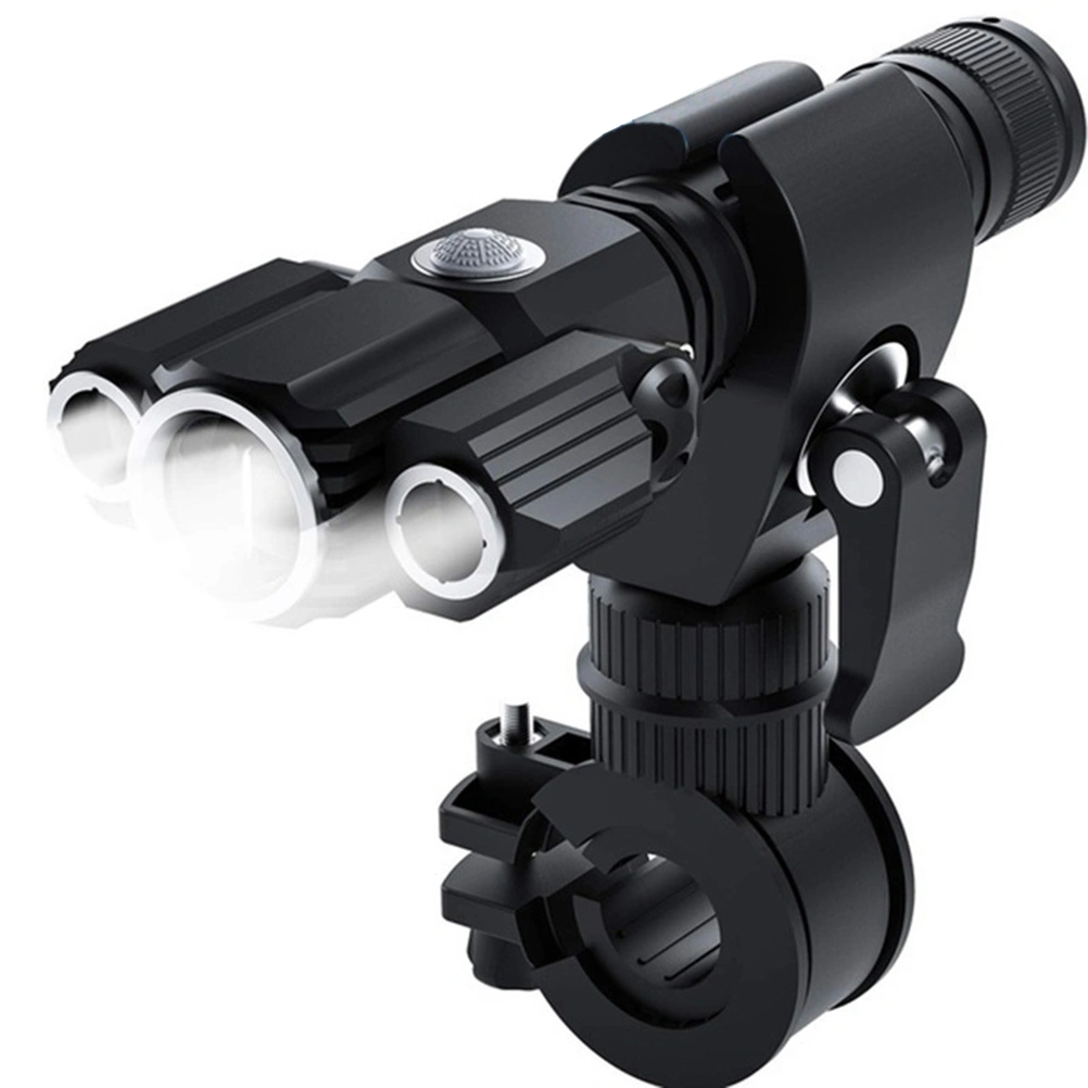 T6 L2LED Aluminum Alloy Multifunction Three Lamp Head Aircraft Shape Flashlight Waterproof Light Front Lights with USB Cable Black (No Battery)