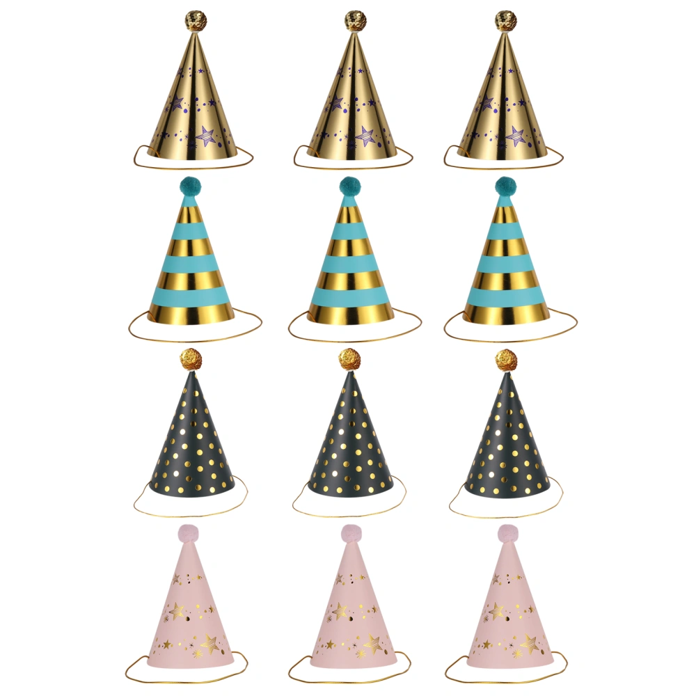 12pcs Birthday Party Cone Hats Tricorne Party Hats Paper Crown Caps Decors