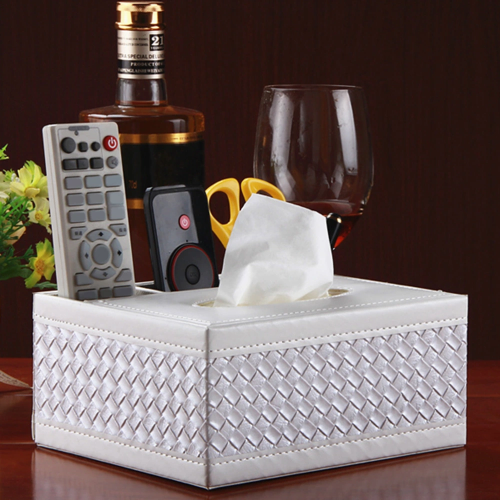 Multifunction Leather Tissue Box Desktop Organizer Pens Holder Sundries Container for Home Office (White Woven Pattern)