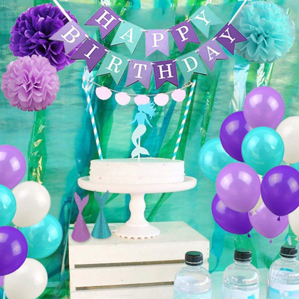 76 Pcs Balloons Set Mermaid Themed Party Balloons Kit Paper Flower Ball Banner Topper Hat Balloon Set Wedding Birthday Party Decoration