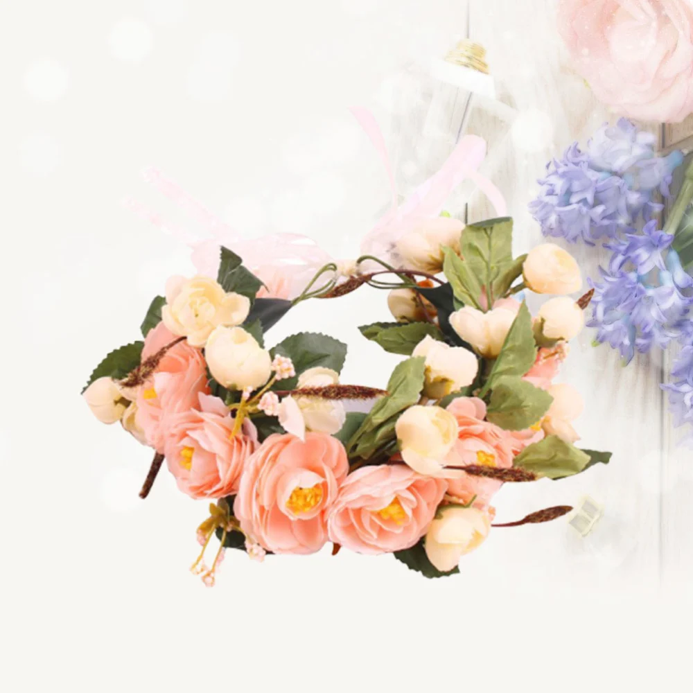 1PC Floral Head Imitation Flower Wreath Fashion Garland Wedding Photo Headwear Hair Accessory(Beige)