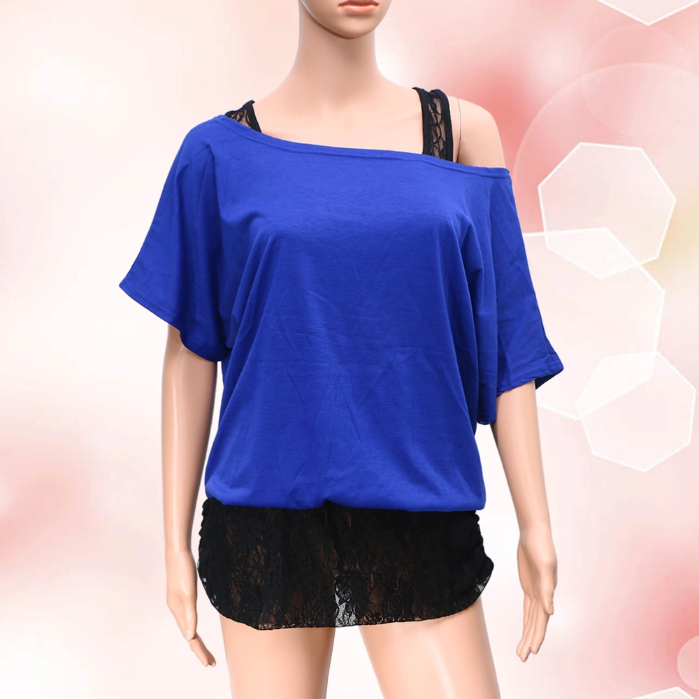 Fashion Women's Loose Vest Loose Blouse Casual Lace Stitching Bat Sleeve T-shirt Size 3XL (Blue)