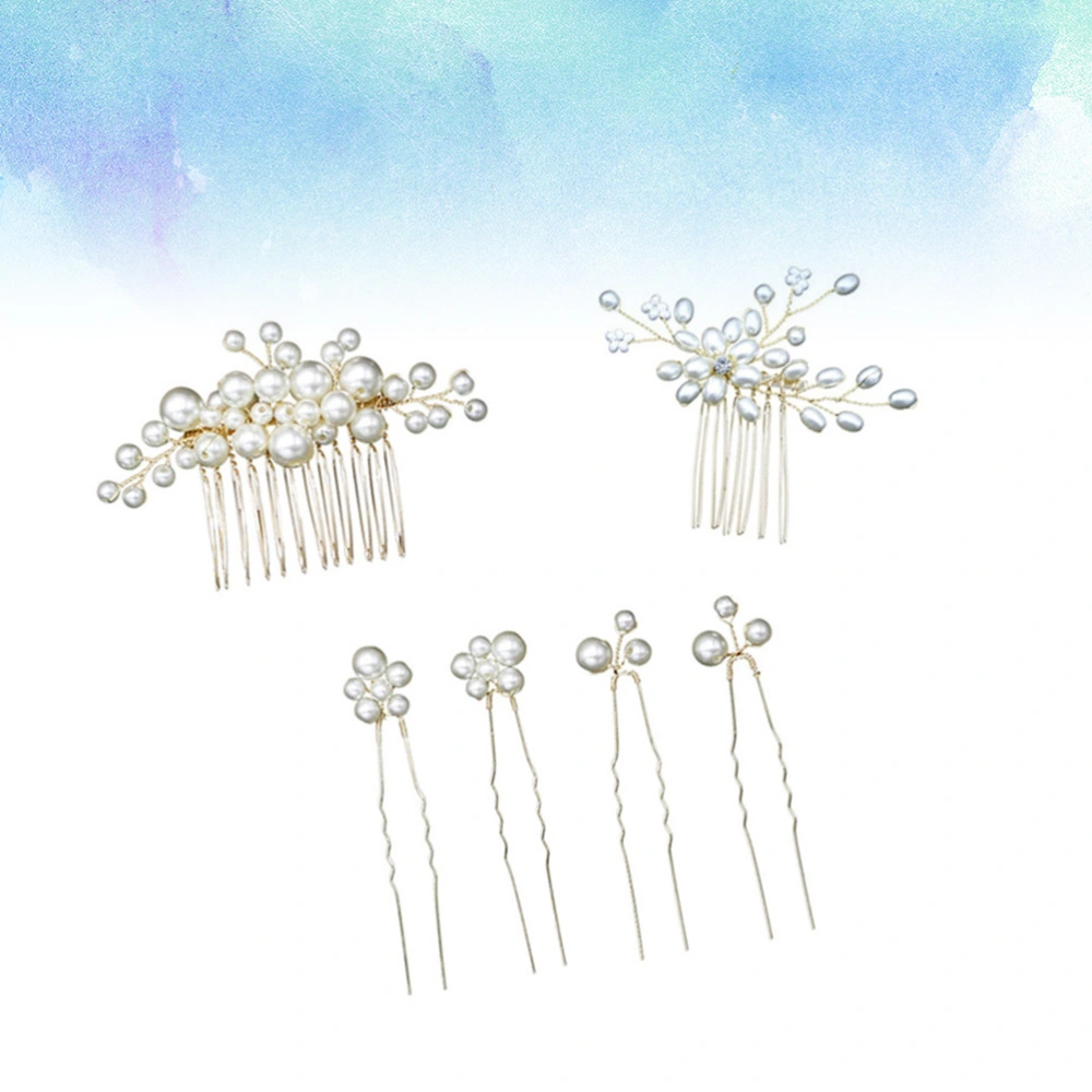 6pcs Handmade Pearl Headdress Bridal Hair Comb Pretty Hair Accessories Creative Hairpin for Wedding (2pcs Hair Comb, 4pcs Hairpin)