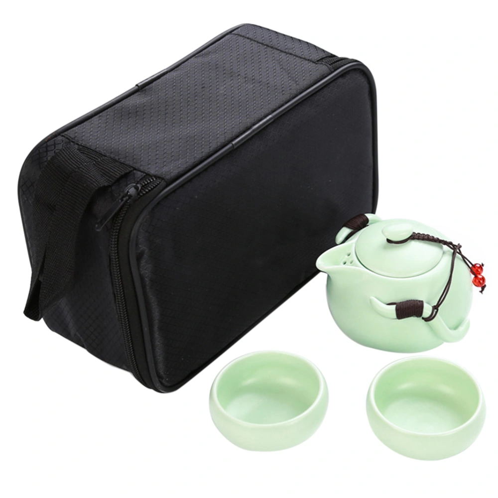 Portable Travel Tea Set Porcelain Kung Fu Tea Ware with a Teapot & 2 Teacups & Travel Bag - Green