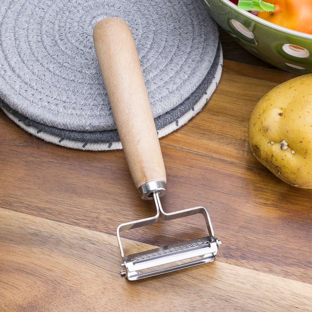 2pcs Wood Handle Stainless Steel Fruit Peeler Vegetable Grater Multi-function Sawtooth Peeler Kitchen Gadget (Khaki+Silver)