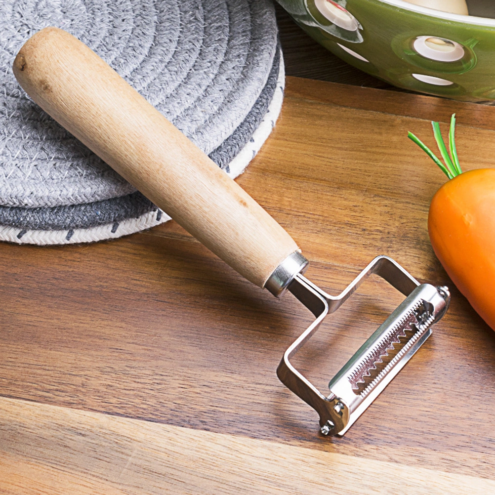 2pcs Wood Handle Stainless Steel Fruit Peeler Vegetable Grater Multi-function Sawtooth Peeler Kitchen Gadget (Khaki+Silver)