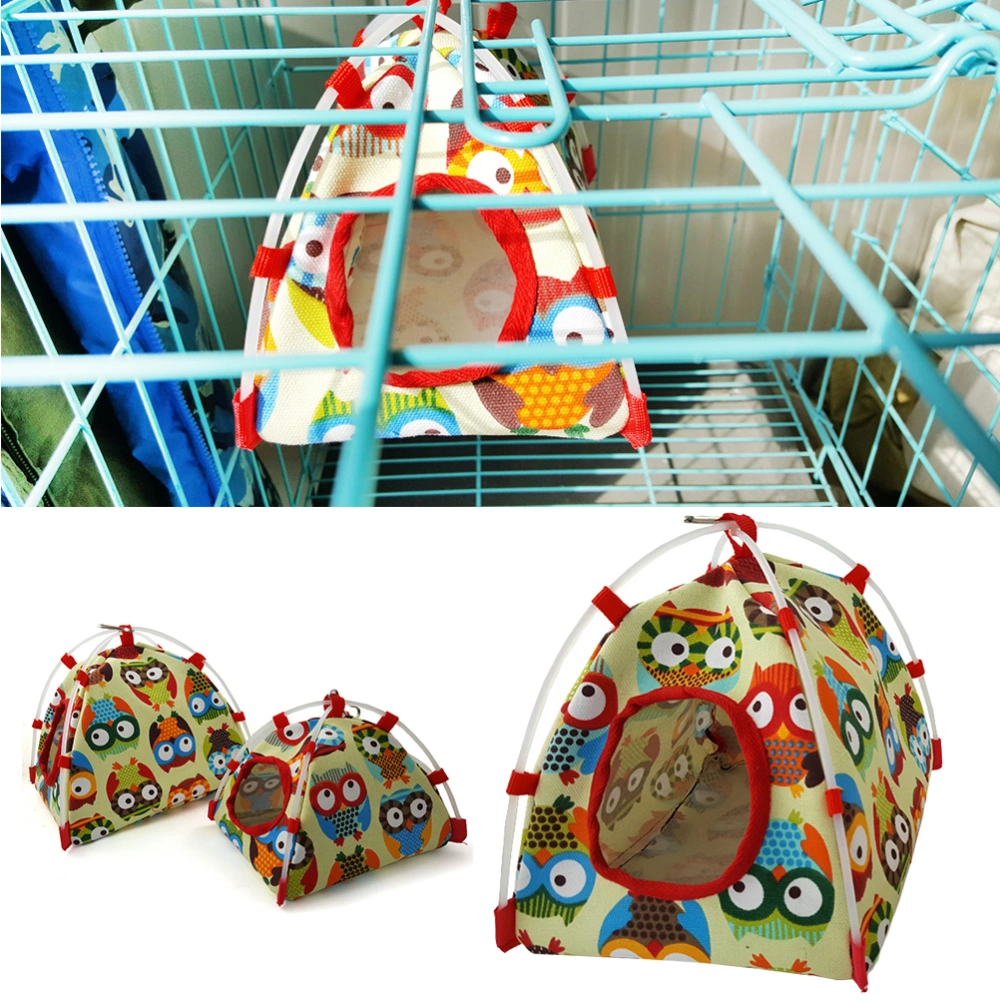 Cartoon Bird Parrot Tent House Canvas Fabric Bird House Bed Cave Cage Hammock Mini Animal Parrot Pet Supplies with a Cushion - Size L (Owl)