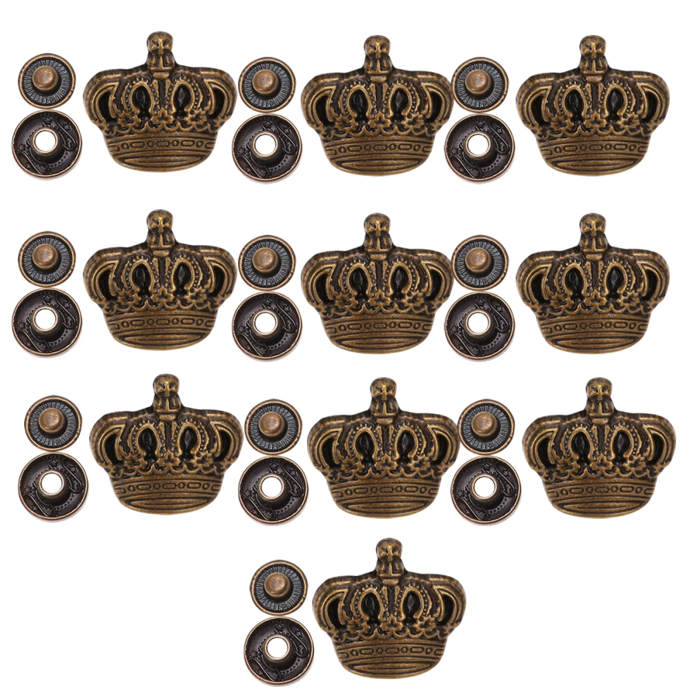 10 Sets Zinc Alloy Crown Style Snap Button Costume Bag Buckle Fittings Clasp Button Craft with Base Accessories (Bronze)