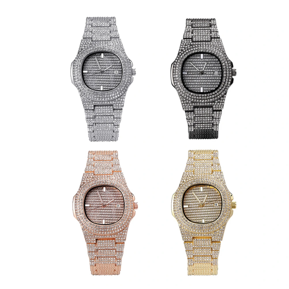 Male Zircon Watch Band Rhinestone Watch Fashion Quartz Watch Hippop Wrist Watch Black