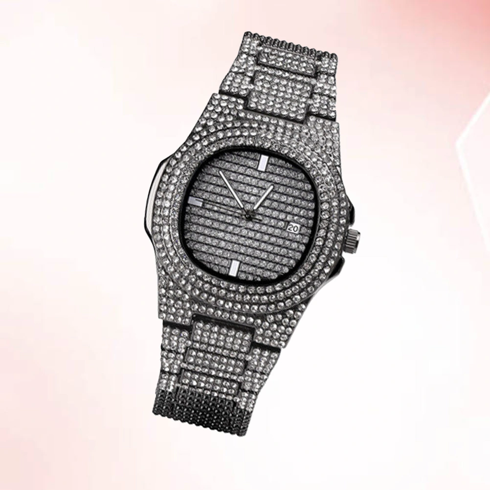 Male Zircon Watch Band Rhinestone Watch Fashion Quartz Watch Hippop Wrist Watch Black