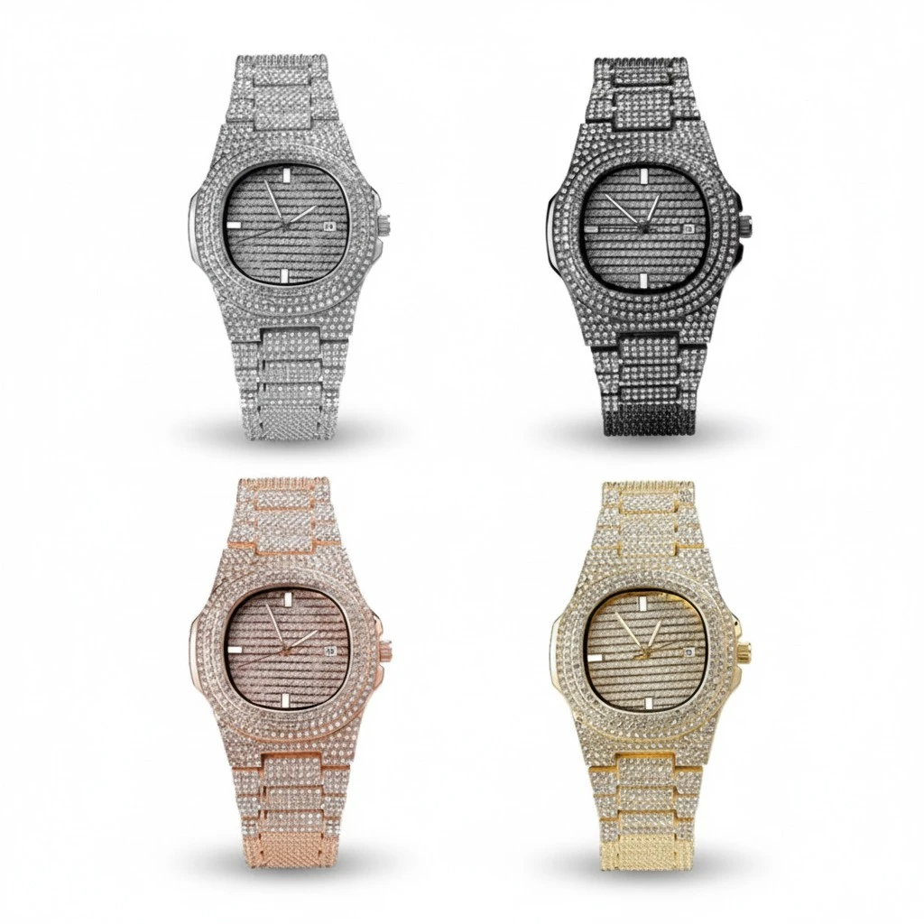 Male Zircon Watch Band Rhinestone Watch Fashion Quartz Watch Hippop Wrist Watch Black