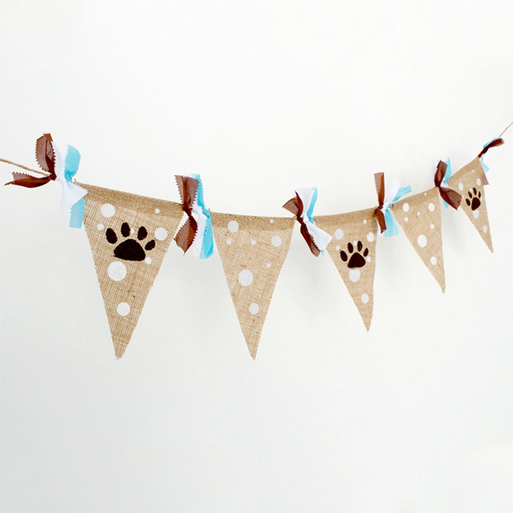 Pet Dog Party Decorative Supplies Linen Dog Footprints Pattern Bunting Banner Burlap Pennant Banner Blue