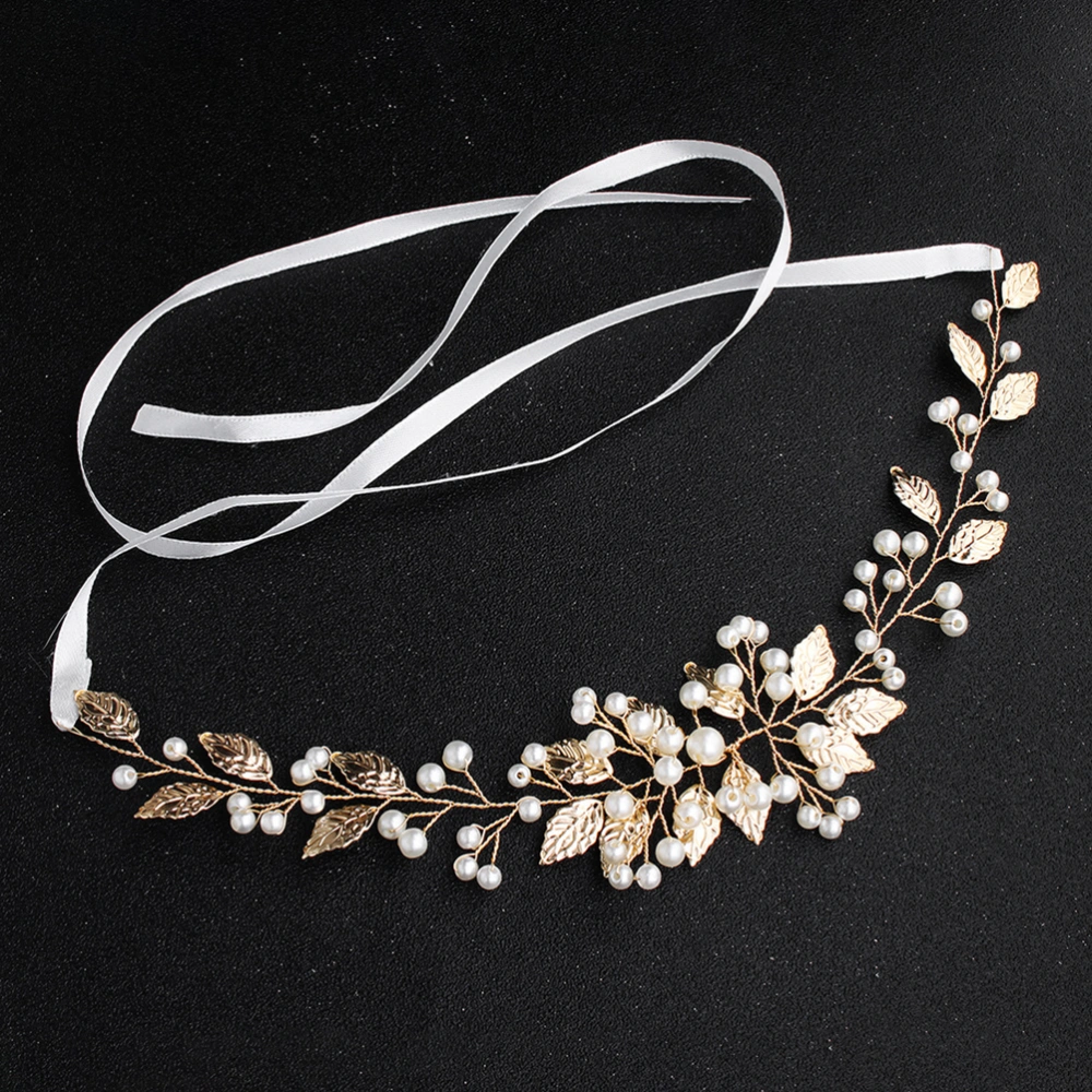 Handmade Pearl Headband Golden Leaves Bridal Headpieces Headwear Hair Accessory for Women Wedding Hair Decoration