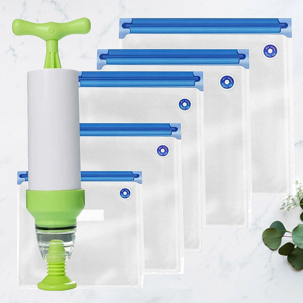 1 Set 6pcs PA + PE Transparent Vacuum Sealer Bag Food Storage Container Pouch Sealing Bag Freshness Protection Ppackage (21*22cm+26*28cm+26*34cm+30*34cm+22*28cm + Green Manual Air Pump)