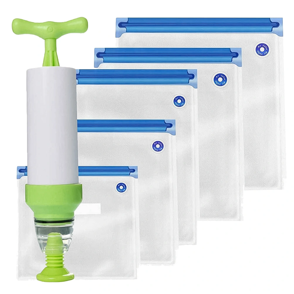 1 Set 6pcs PA + PE Transparent Vacuum Sealer Bag Food Storage Container Pouch Sealing Bag Freshness Protection Ppackage (21*22cm+26*28cm+26*34cm+30*34cm+22*28cm + Green Manual Air Pump)