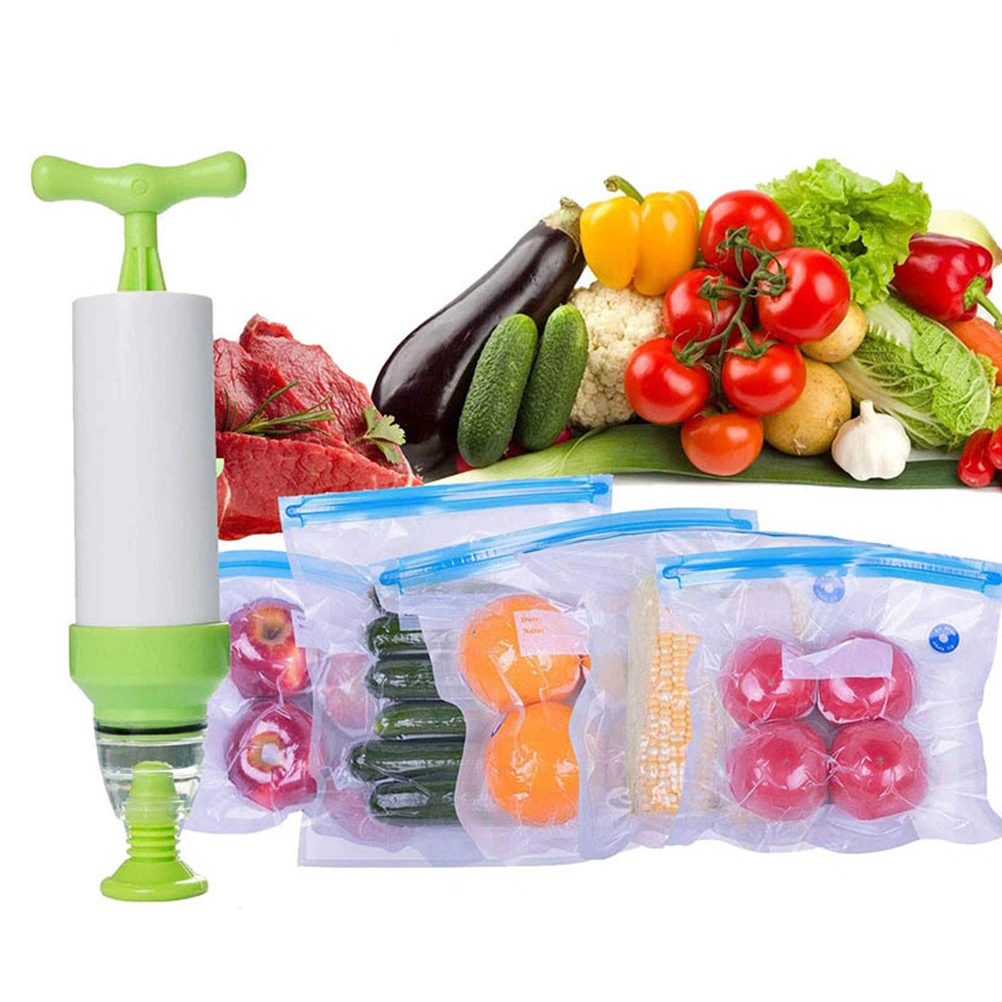 1 Set 6pcs PA + PE Transparent Vacuum Sealer Bag Food Storage Container Pouch Sealing Bag Freshness Protection Ppackage (21*22cm+26*28cm+26*34cm+30*34cm+22*28cm + Green Manual Air Pump)