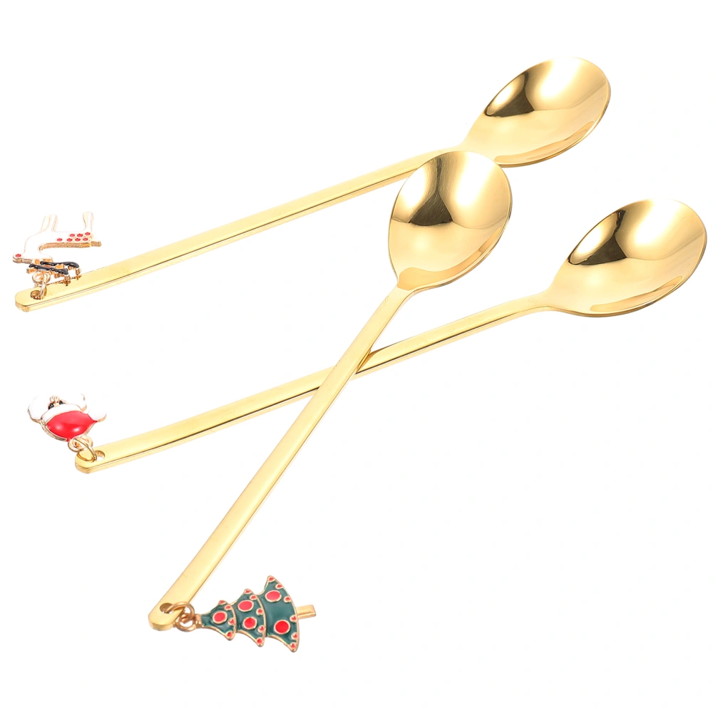 3pcs Xmas Dessert Spoons Stirring Spoons with Christmas Elements Pendants