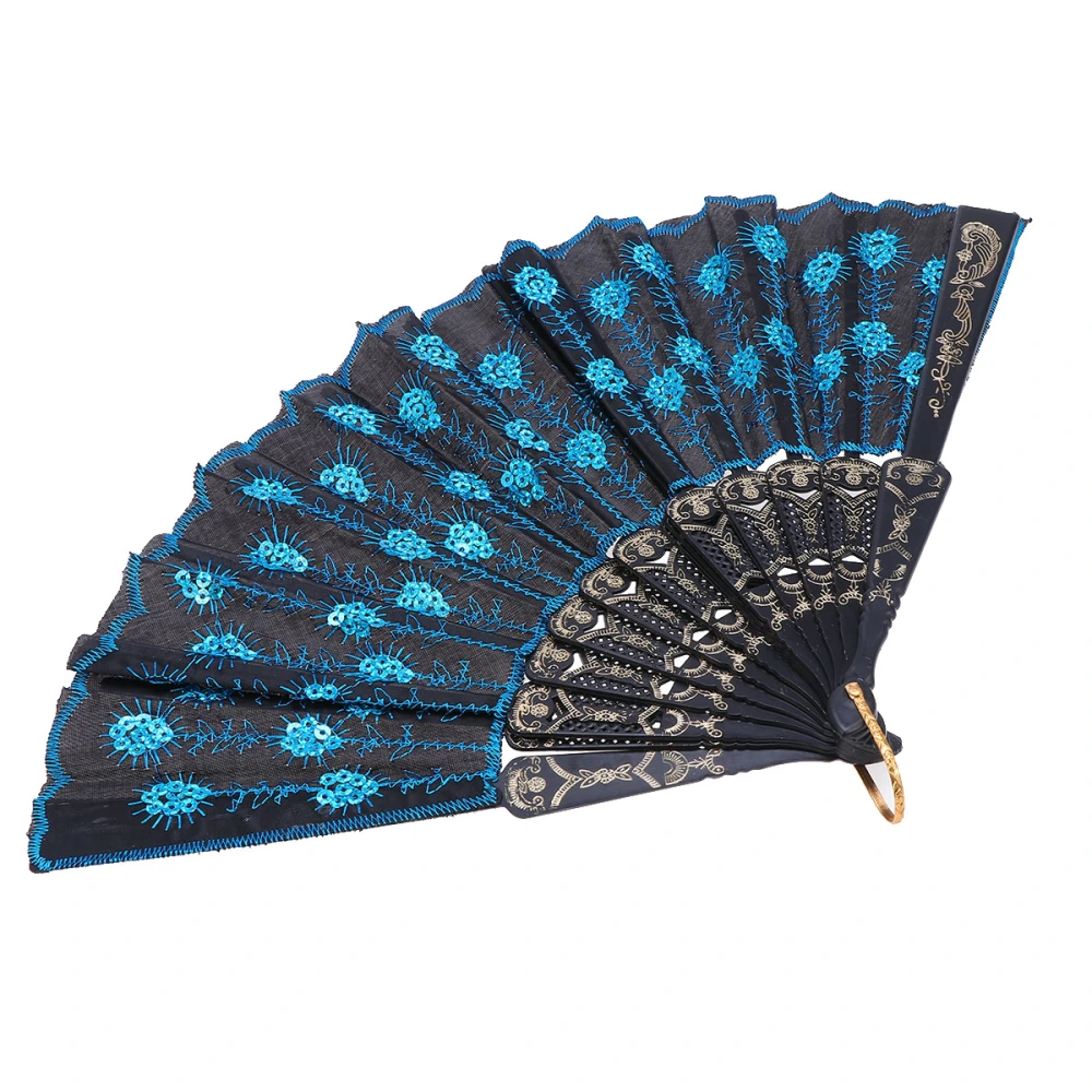 Elegant Flower Embroidered Hand Fan Hand-crafted Pattern Sequin Fabric Folding Hand Fan