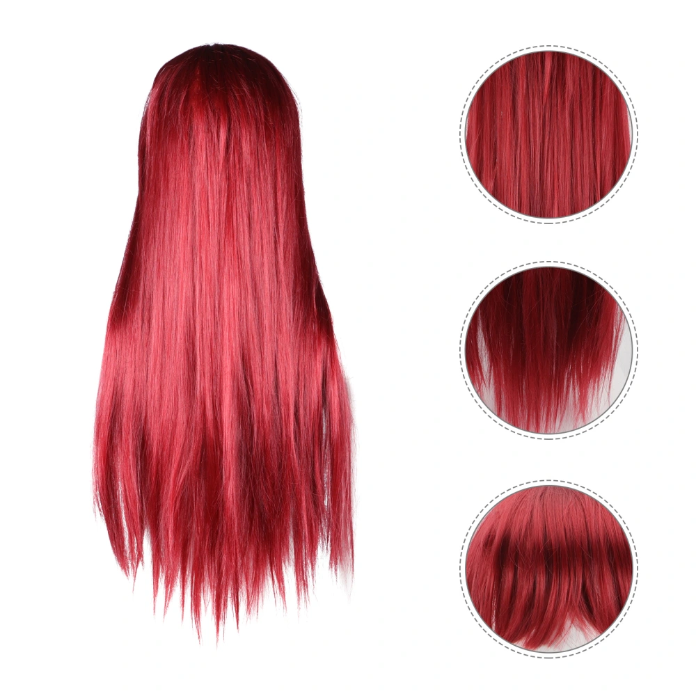 Natural Long Straight Wig with Bangs Wine Red Wig Synthetic Fiber Wig 24inch