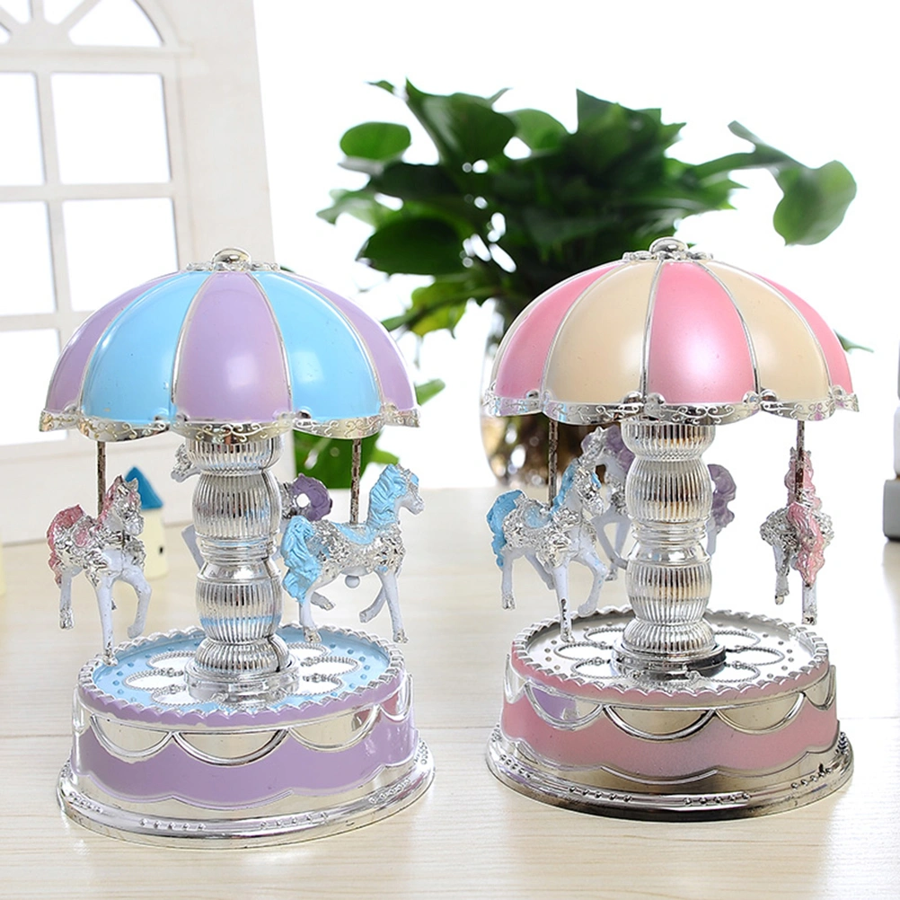 Luxury Carousel Music Box 3 Horses Rotate LED Light Luminous Rotation (Pink)