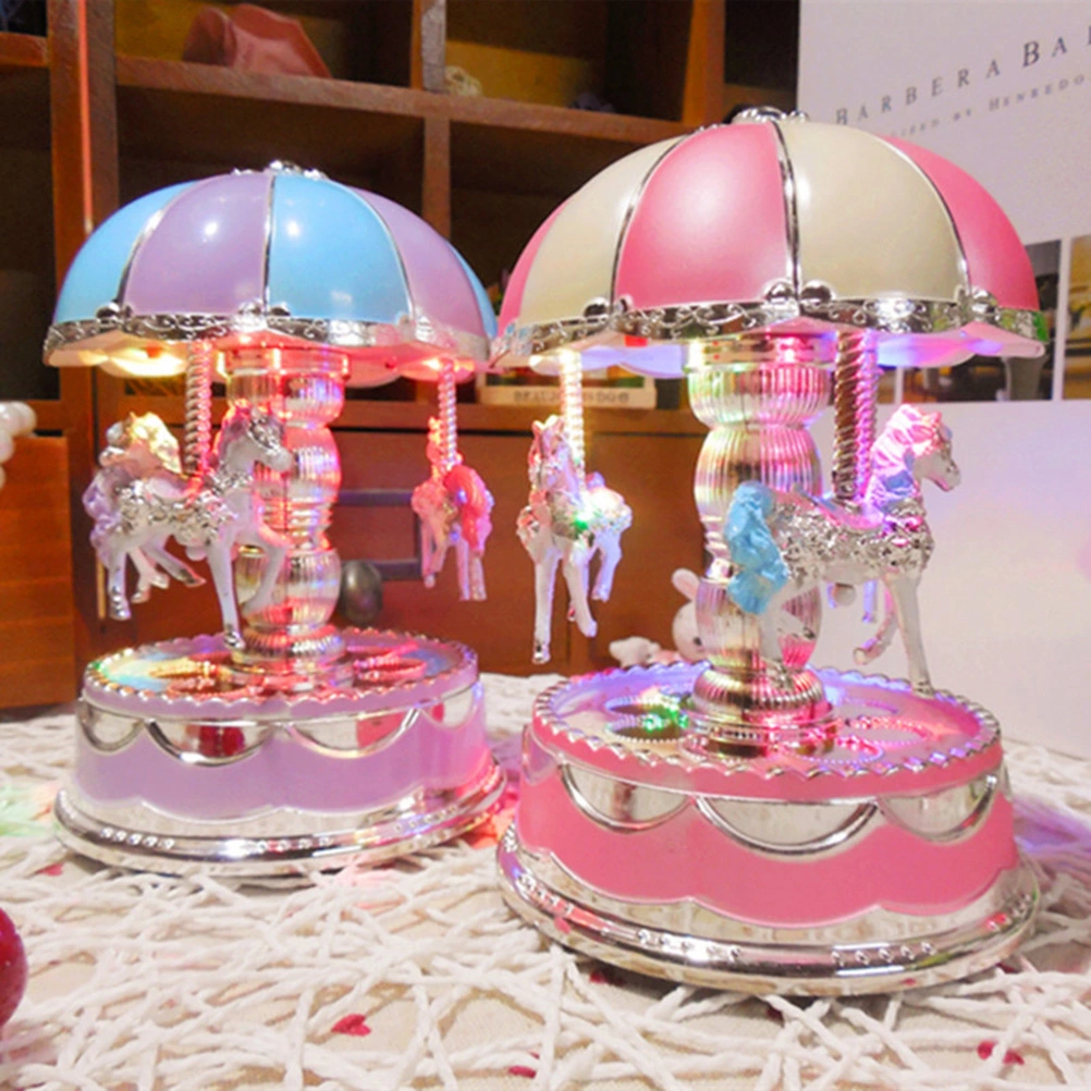 Luxury Carousel Music Box 3 Horses Rotate LED Light Luminous Rotation (Pink)
