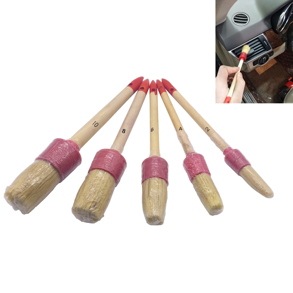 5pcs Boar Hair Detail Brush Set Bristle Cleaning Brush for Wheels Interior Leather Trim Air Vent