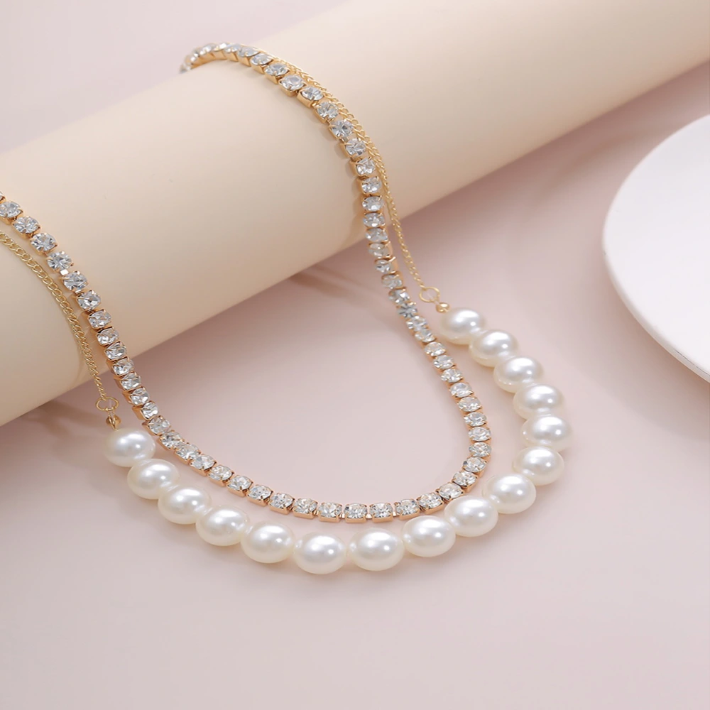 1Pc Graceful Embedded Imitation Pearl Neck Ornament Unique Cup Chain Diamond Necklace Punk Neck Chain Mixed Style Round Bead Neckchain Bride Adorments for Woman Girl Lady (Golden)