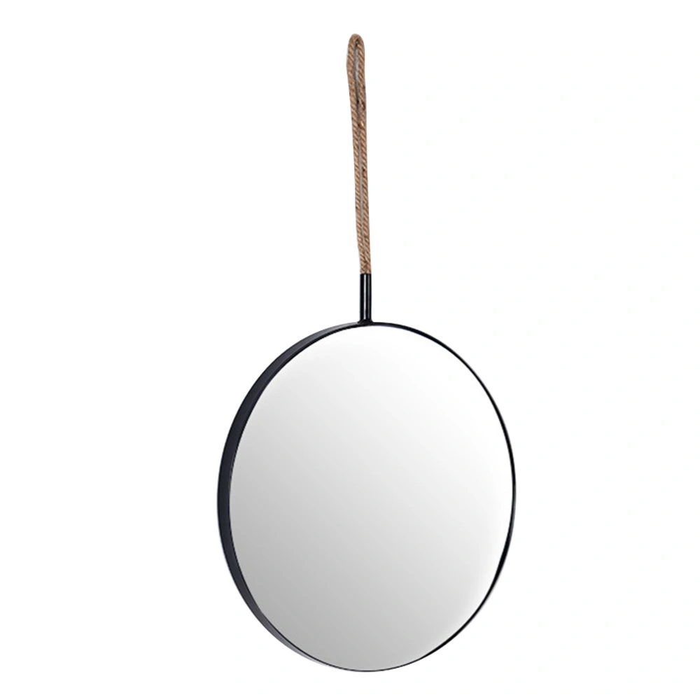 Punch-free Mirror Retro Hemp Rope Wall Hanging Mirror Exquisite Makeup Mirror Decorative Mirror for Home Bathroom Bedroom (Black of Edge, Round Shape)