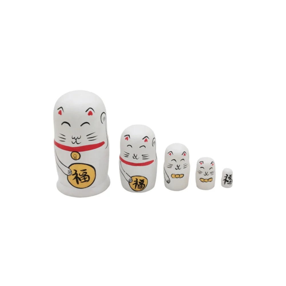 Five-layer Matryoshka Dolls Plutus Cat Ornaments Wooden Crafts Gift Russian Nesting Dolls for Kids Girls White