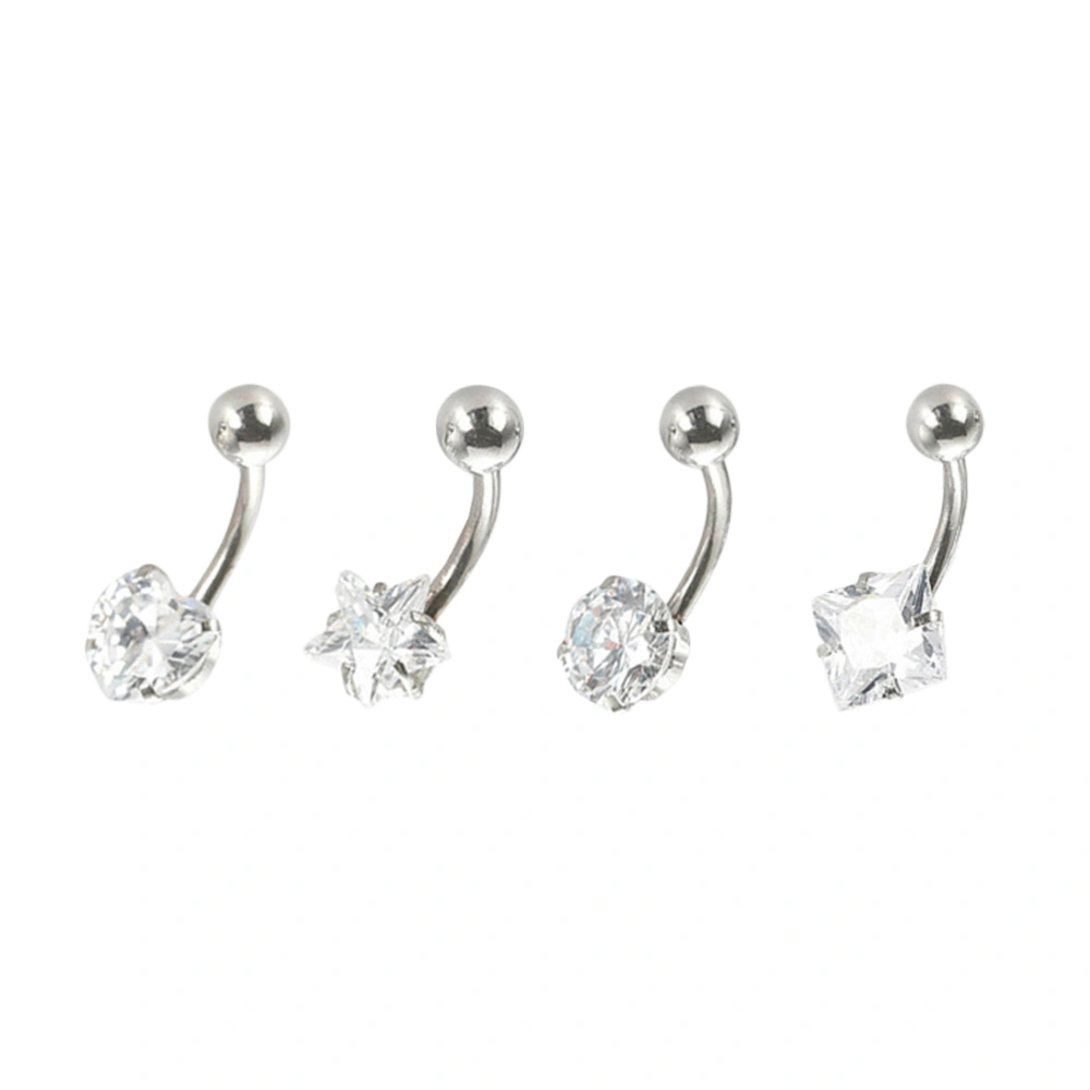 4Pcs Geometric Zircon Belly Ring Unisex Body Piercings Jewelry for Girls Women Men (1.6x12x5x7, White, Round Zircon + Square Zircon + Heart Zircon + Pentagon Zircon, 1Pc/Each)