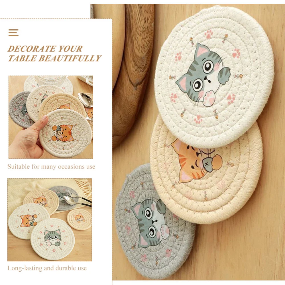 2Pcs Weaving Cup Coasters Cat Design Cup Cushions Insulated Cup Coasters for Tabletop