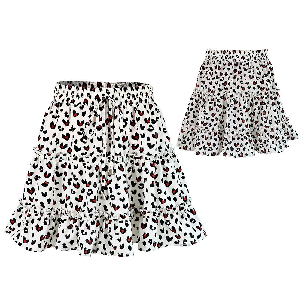 1PC 2020 Summer Short Skirts High-waist Ruffle Skirt Elegant Leopard Printing Female Skirts Beach A-shaped Skirt for Girl (White Leopard-L)